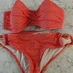Coral w/ Gold rings Tube top bikini sz M